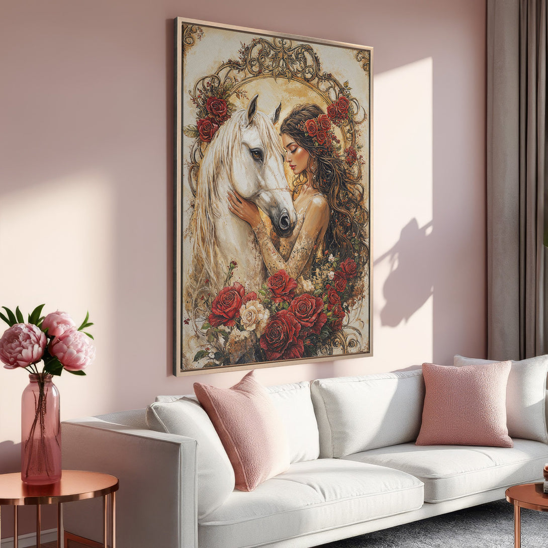 Framed Wall Art: Romantic woman and white horse with roses. Soft, warm color palette. Perfect for living room decor.