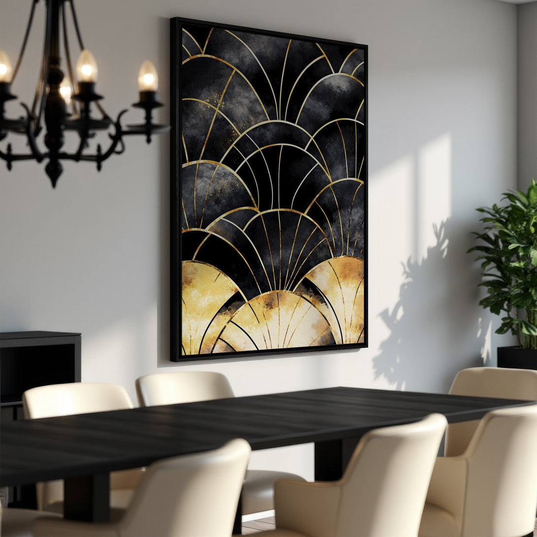 Framed Wall Art featuring an Art Deco design in black and gold. Modern canvas print adds a touch of luxury to any dining room.