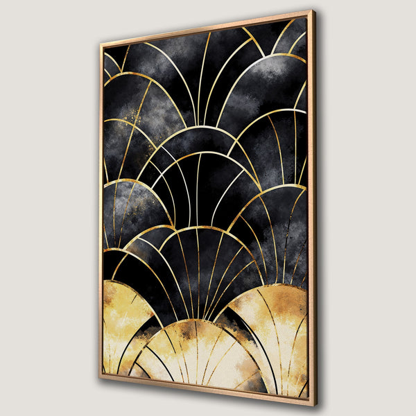 Framed Wall Art featuring a modern Art Deco design in black, gold, and cream. Elevate your space with this stylish Canvas Print!