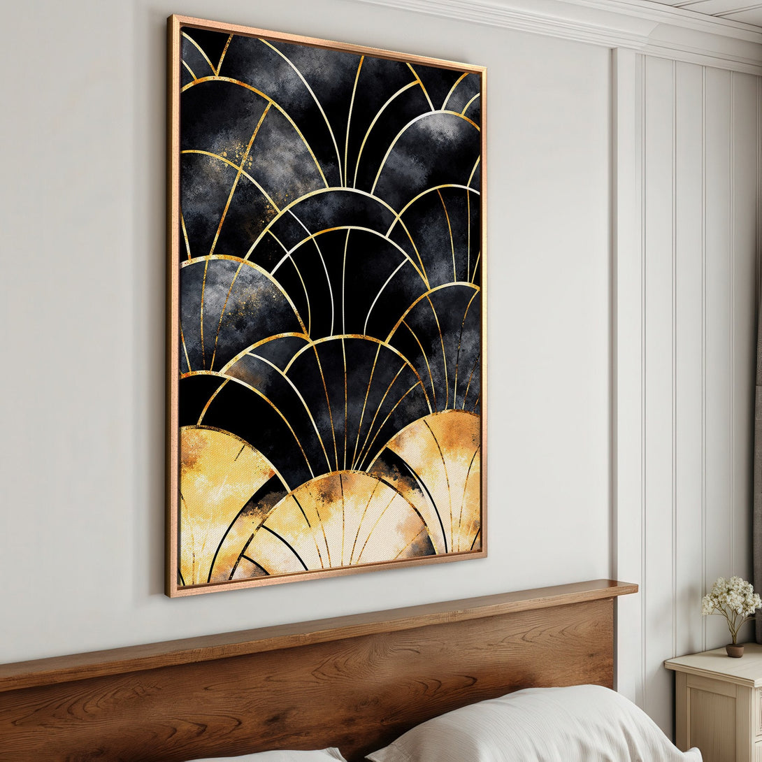 Framed Wall Art: Abstract art deco design in black, gold, and beige. Modern canvas print for bedroom decor.