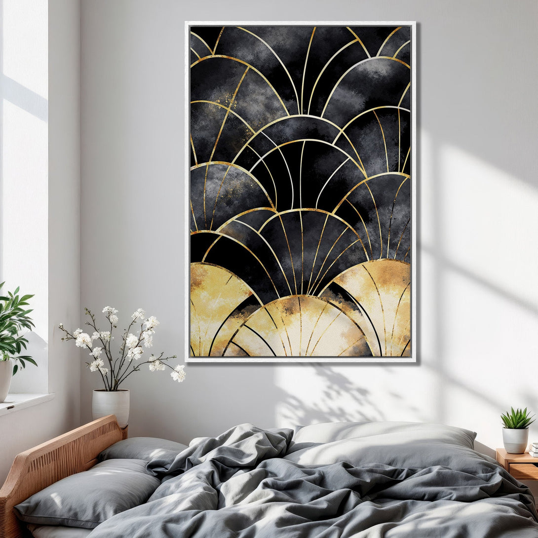 Framed Wall Art featuring an abstract Art Deco design in black, gold, and neutral tones. Perfect for bedroom decor and modern home styling.