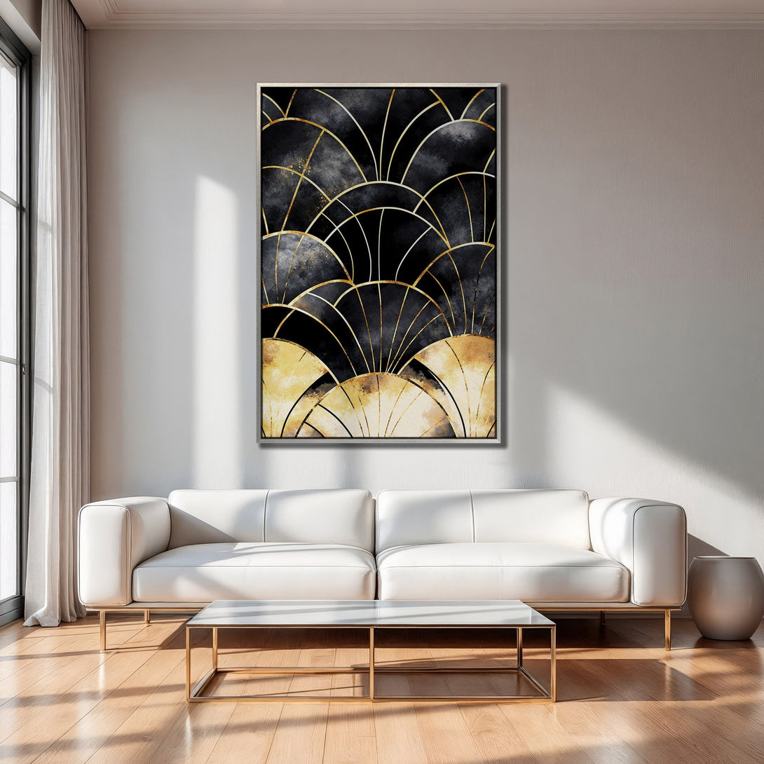 Framed Wall Art: Abstract art deco design in black, gold, and gray. Modern Canvas Print for stylish home decor.