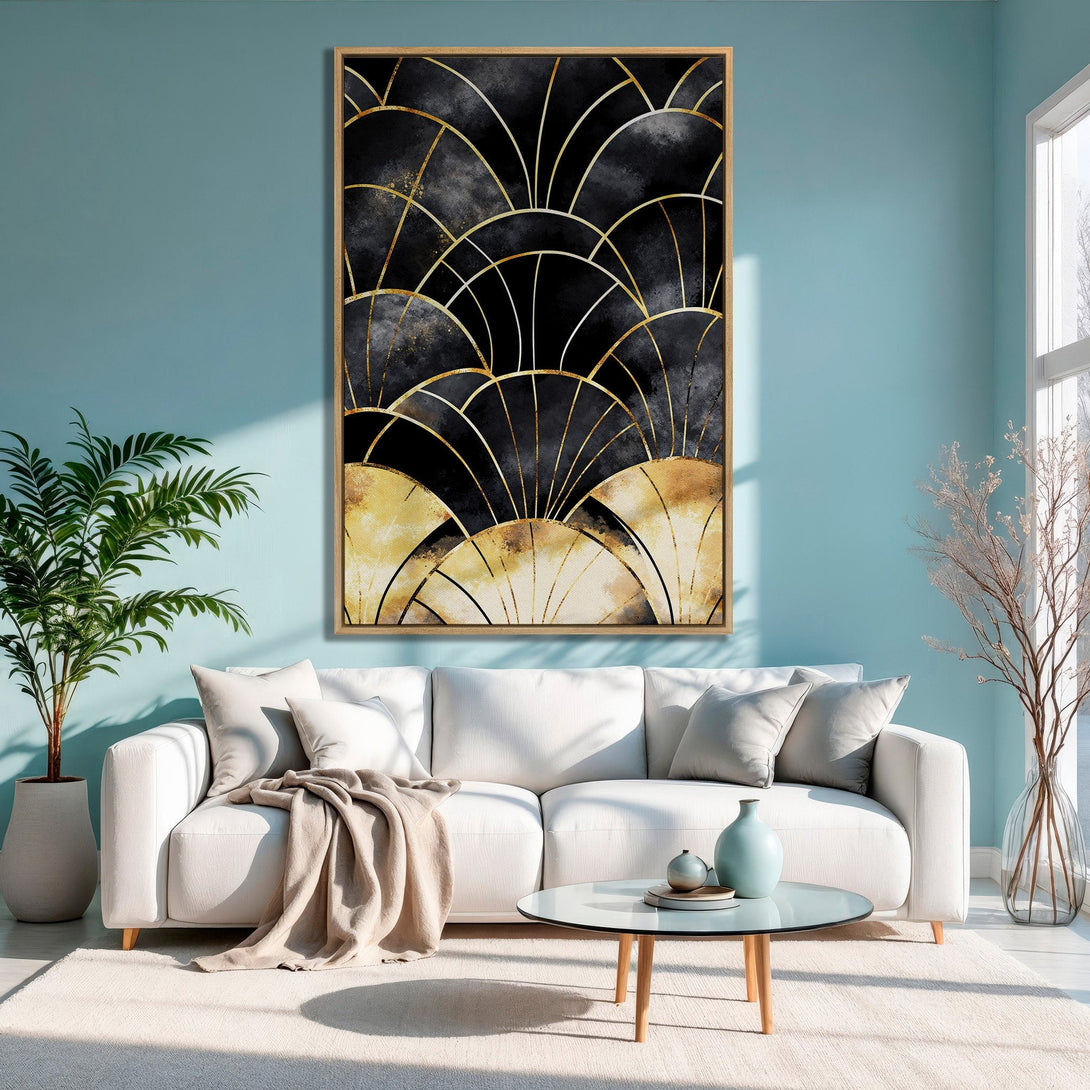 Framed Wall Art: Abstract art deco design in black, gold, and beige. Modern Canvas Print adds elegance to any interior.