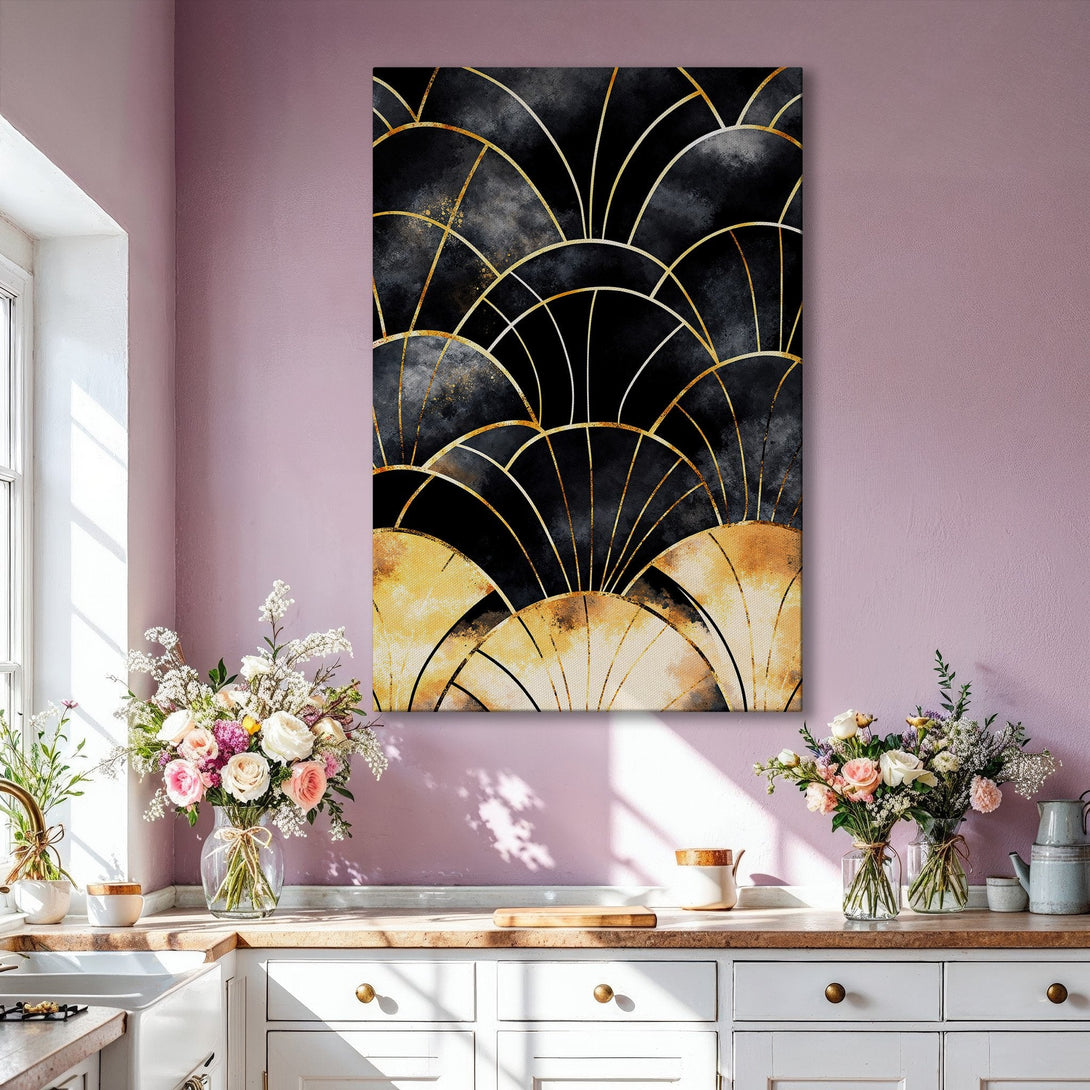 Framed Wall Art: Abstract Art Deco design in black, gold, and beige. Modern canvas print adds elegance to any living room. Shop now!