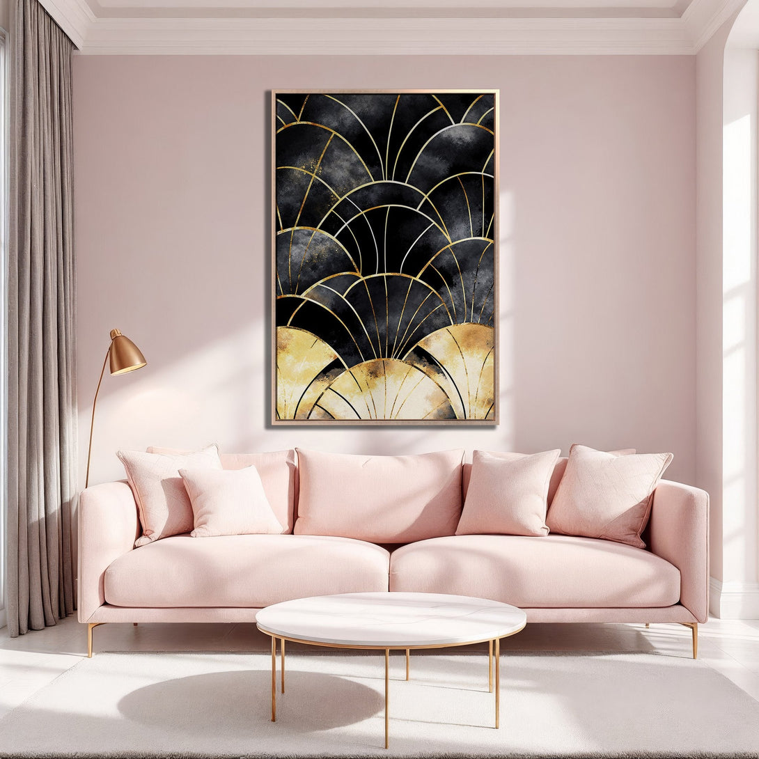 Framed Wall Art: Abstract gold and black design on a canvas print. Modern art with a blush pink and gold color palette, perfect for interior decor.