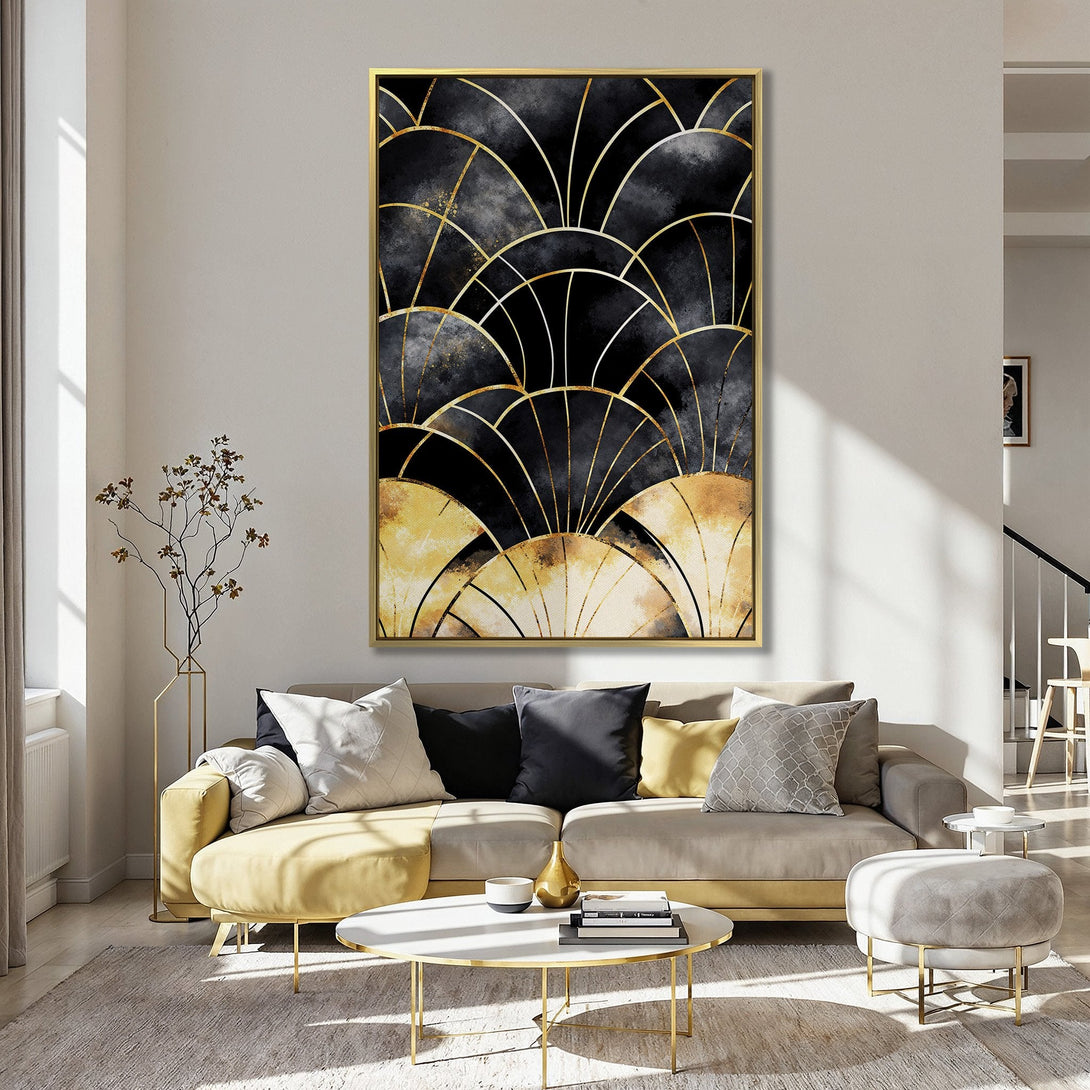 Abstract Art Deco Canvas Print with black, gold, and beige tones. Modern wall art perfect for any interior.
