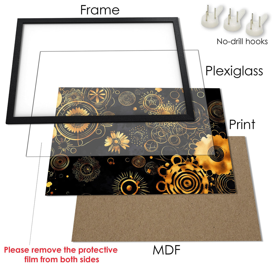 Framed Poster featuring a gold and black abstract design. Modern, stylish art print perfect for any space.