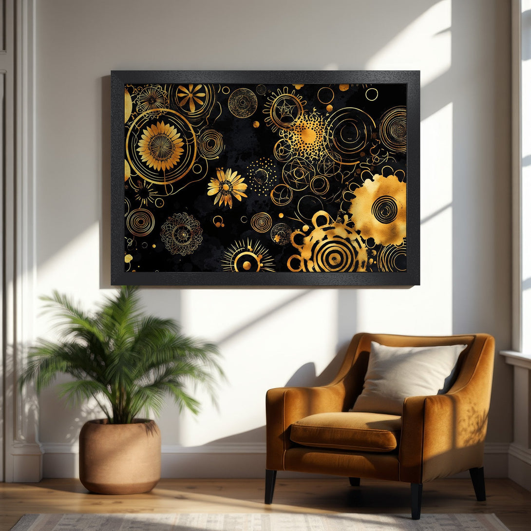 Framed Poster featuring gold floral abstract art on black background. Modern decor with a touch of elegance.