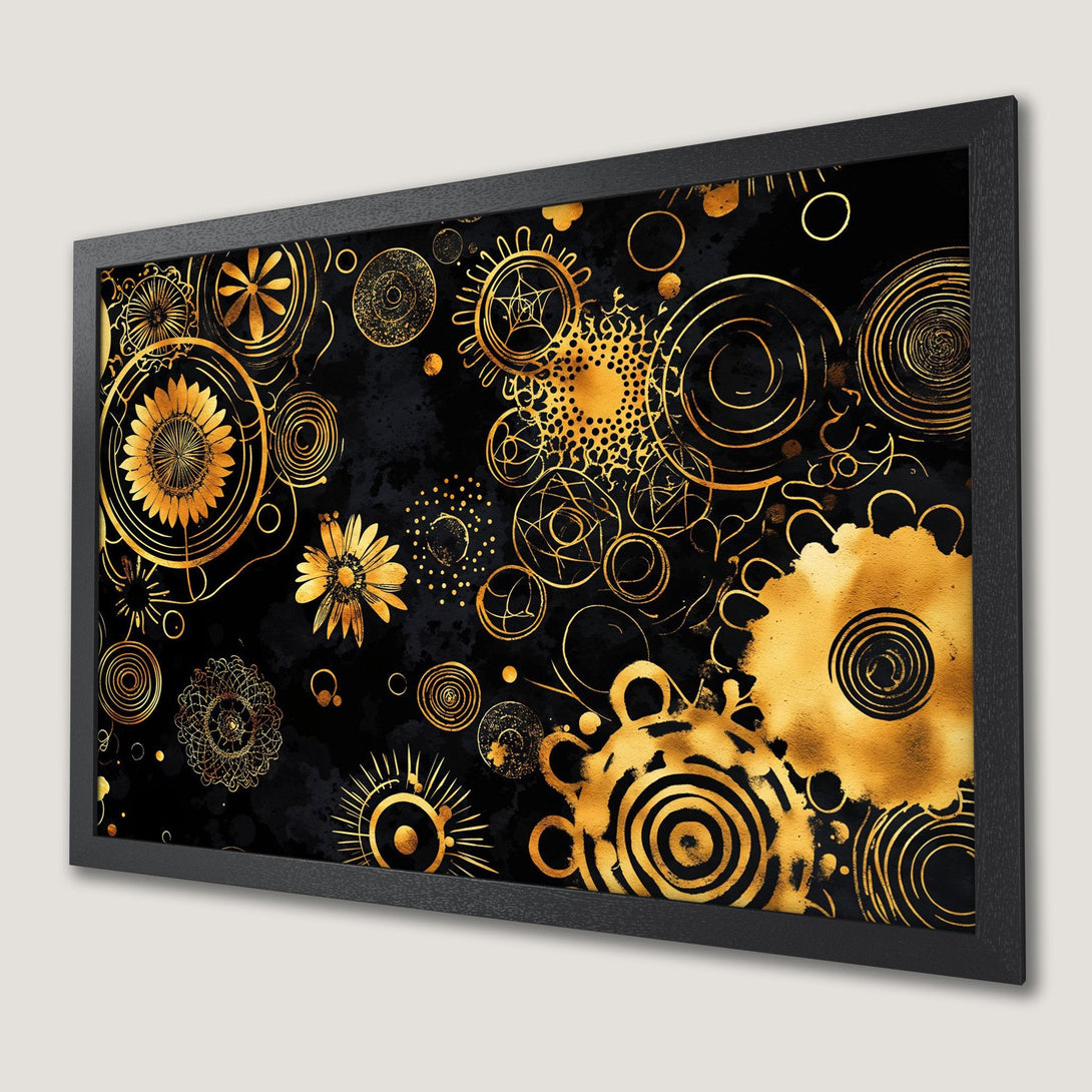Framed Poster featuring golden floral abstract art on black background. Stylish wall decor.