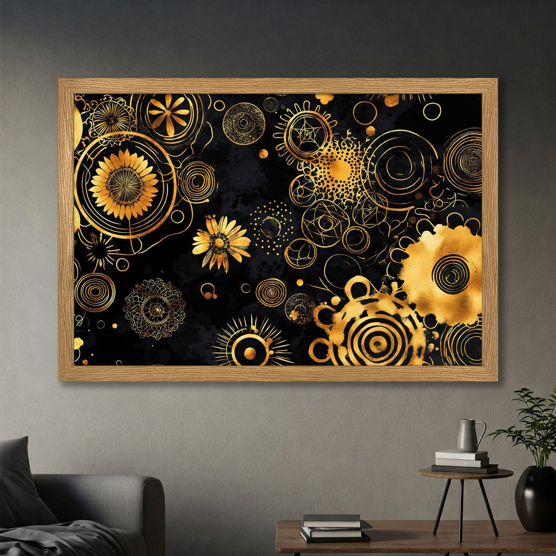 Framed Poster featuring gold floral design on black background. Stylish wall art with a luxurious color palette. Perfect home decor.