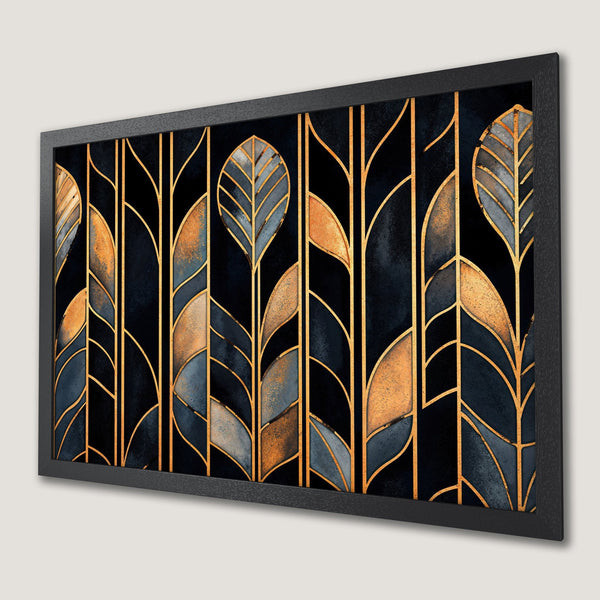 Framed Poster featuring an Art Deco design with gold leaf and blue-black leaves. A stylish wall art print.