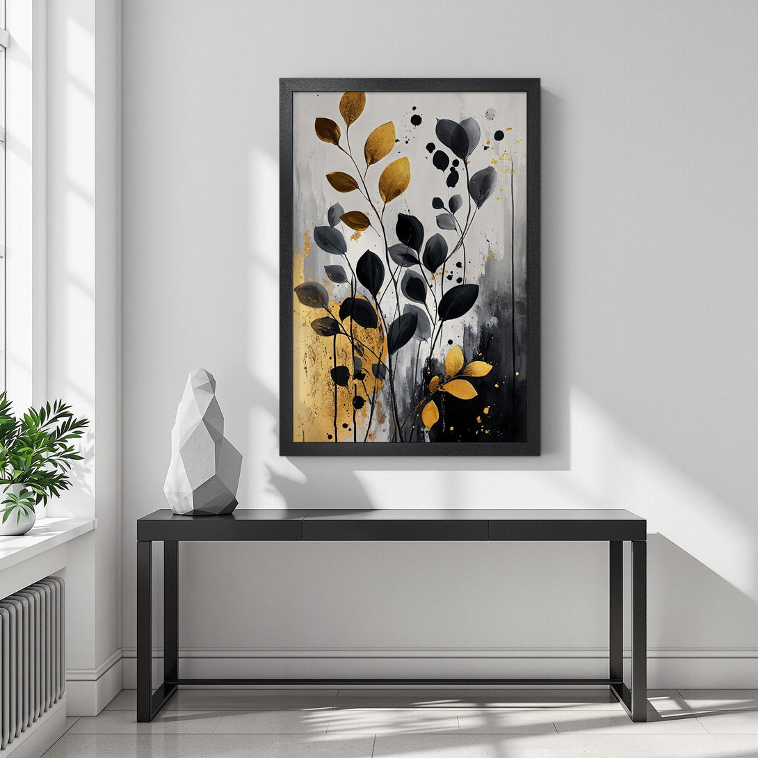 Framed Poster featuring abstract botanical art in black, gold, and gray. Modern wall art for stylish decor.