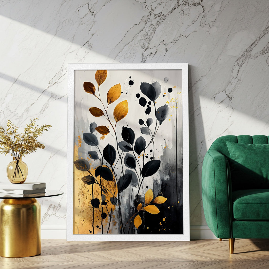 Framed Poster featuring abstract botanical art in black, gold, and gray. Modern wall art for stylish home decor.