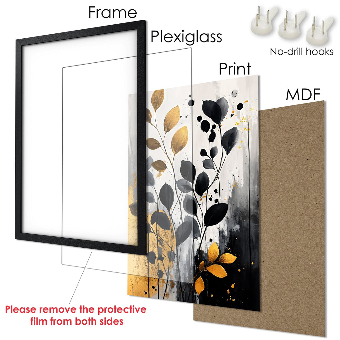 Framed Poster featuring abstract botanical art in black, gold, and white. Modern wall decor for a stylish home.