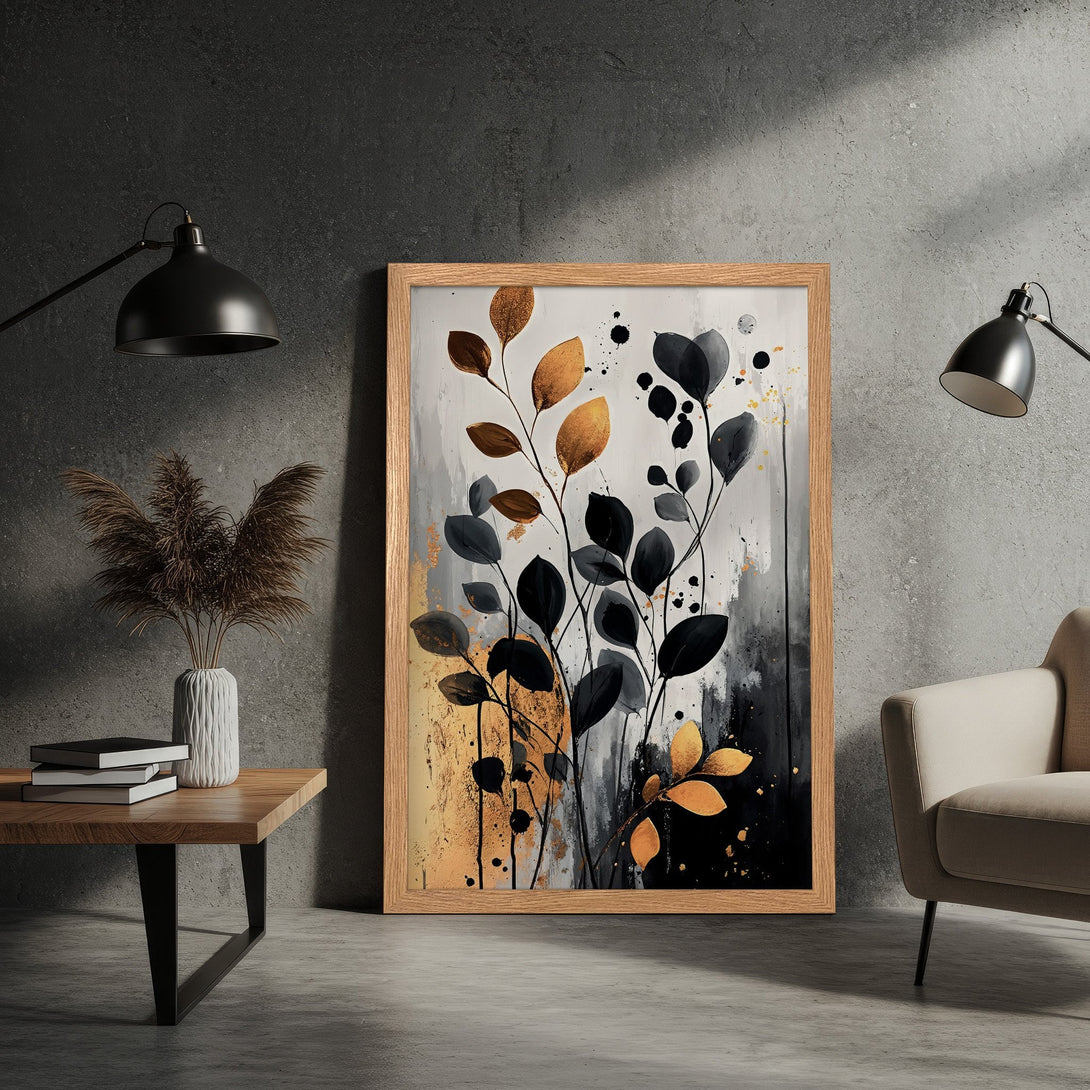 Framed Poster featuring abstract botanical art in gold, black, and gray. Modern style wall art for home decor.