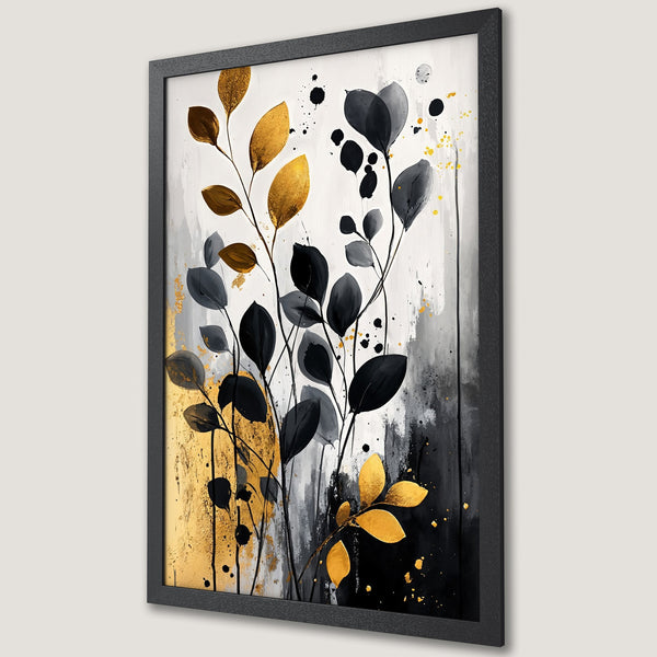 Framed Poster featuring abstract gold and black leaf art. Modern botanical style with a striking black, white, and gold color palette. Elevate your space!