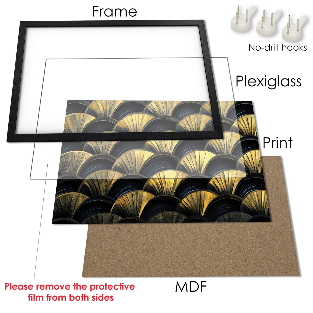 Framed Poster with Art Deco design in black, gold, and grey. Modern wall art for your home.