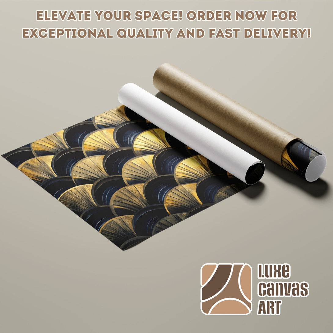 Abstract art poster roll with gold, black, and blue color palette. Elevate your space today!
