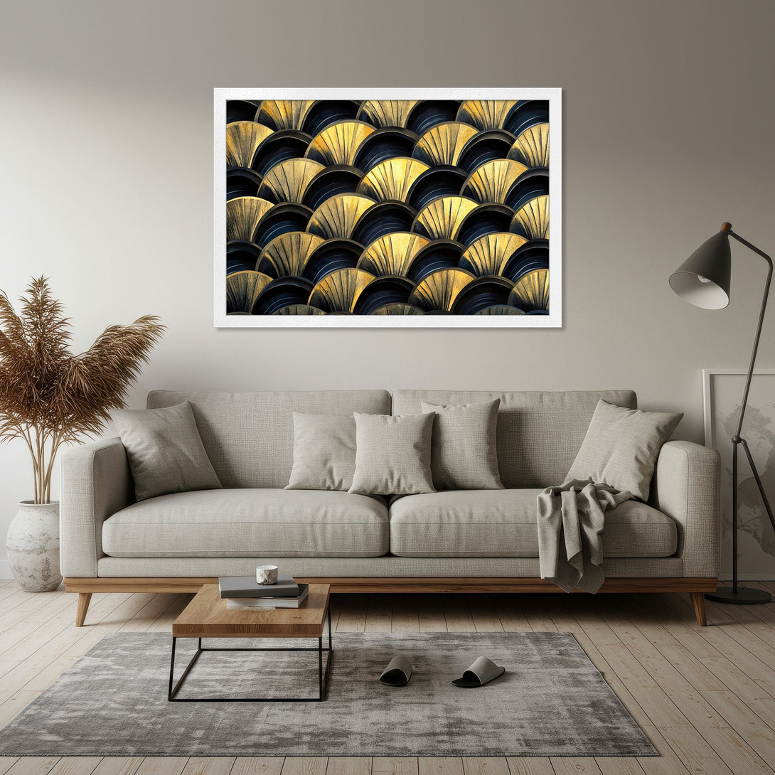 Framed Poster featuring an abstract art deco design in gold and navy, perfect for modern home decor.