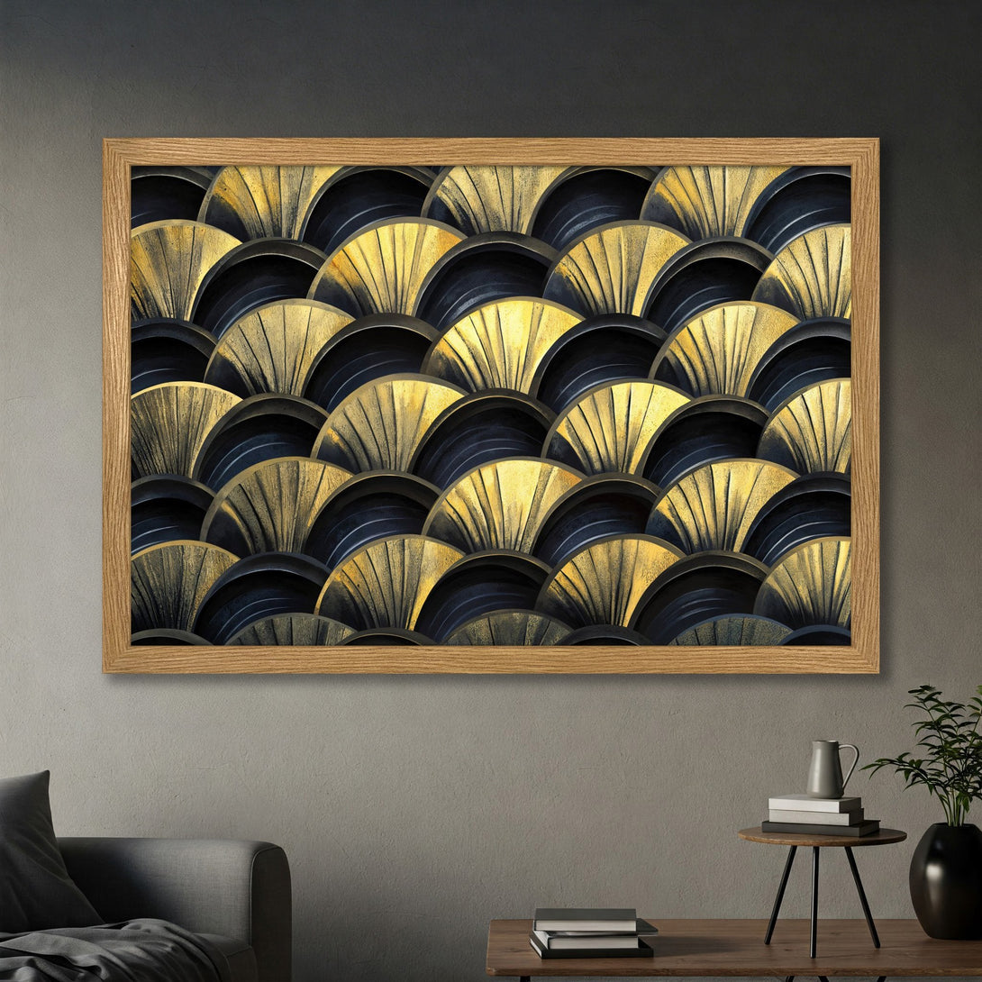 Framed Poster featuring an Art Deco design in gold and navy blue. Elevate your space with this stunning wall art!