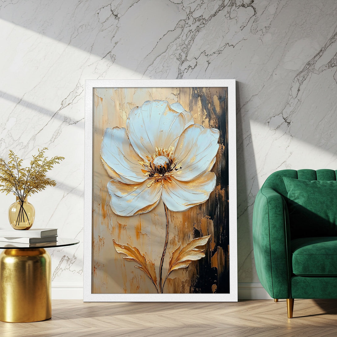 Framed Poster of a textured white flower painting. Modern art style with gold, black, and cream color palette. Perfect wall decor!