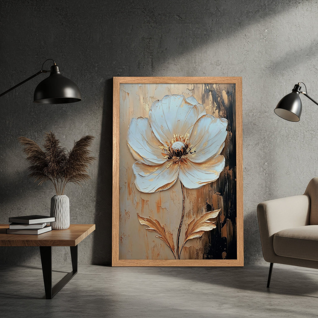 Framed Poster featuring a textured white flower painting with gold accents. Neutral color palette adds elegance to any space.