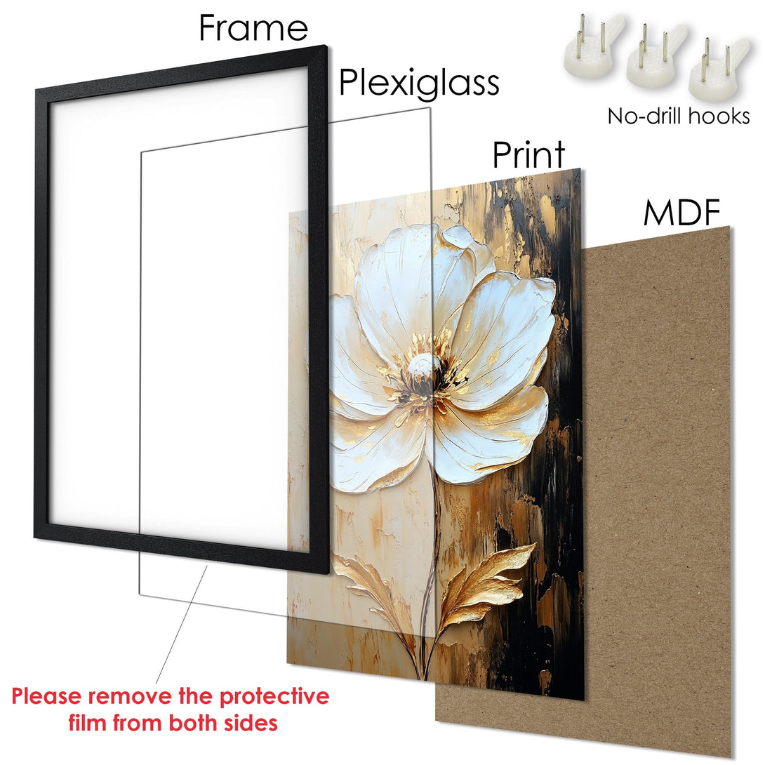 Framed Poster featuring a white flower artwork with gold accents, in a black frame. Elegant style, neutral color palette. Perfect wall decor.