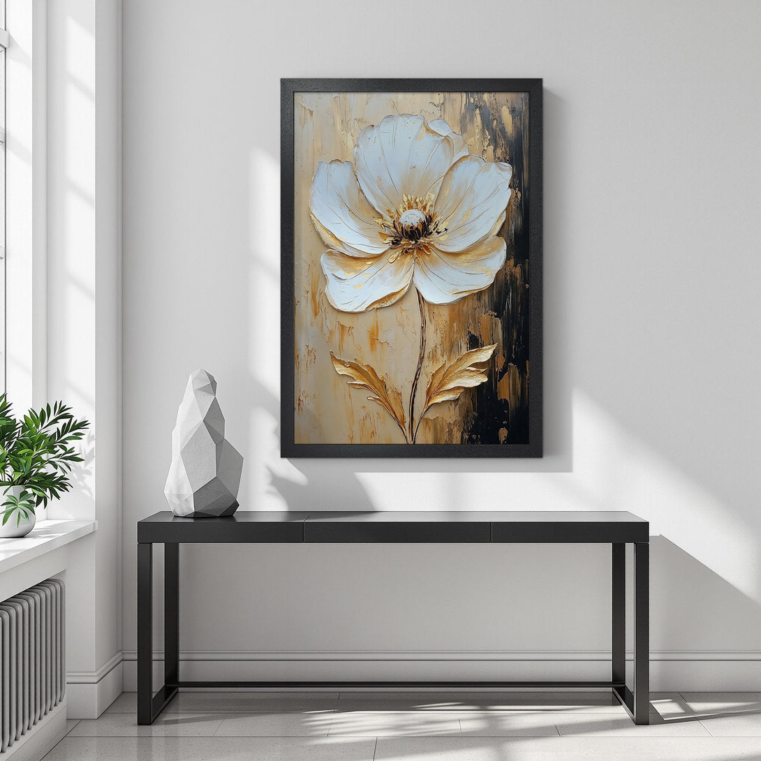 Framed Poster featuring a large white flower, gold accents, and a neutral color palette. Modern art for your home.
