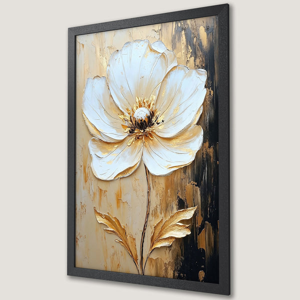 Framed Poster featuring a textured white flower with gold accents, set against a beige and black abstract background. Elegant art print.