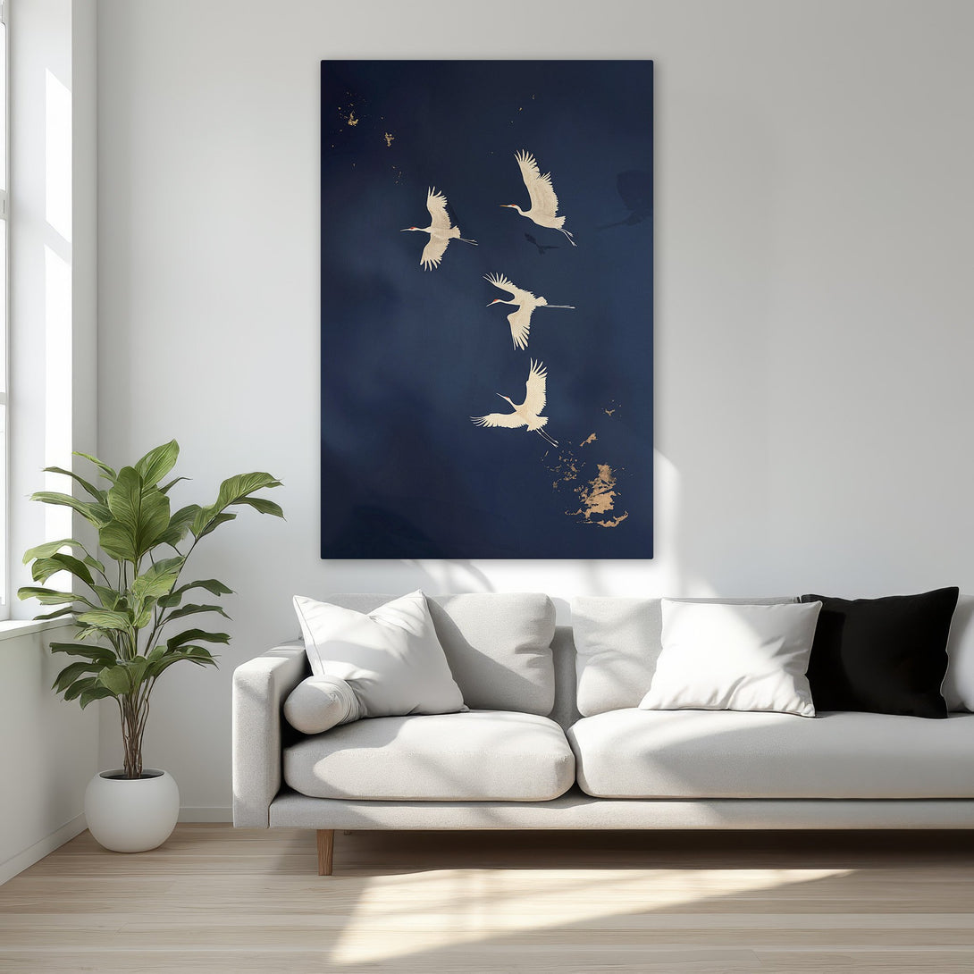 Framed Wall Art featuring elegant cranes in flight. Dark blue and gold color palette. Perfect for adding a touch of sophistication to your home decor.