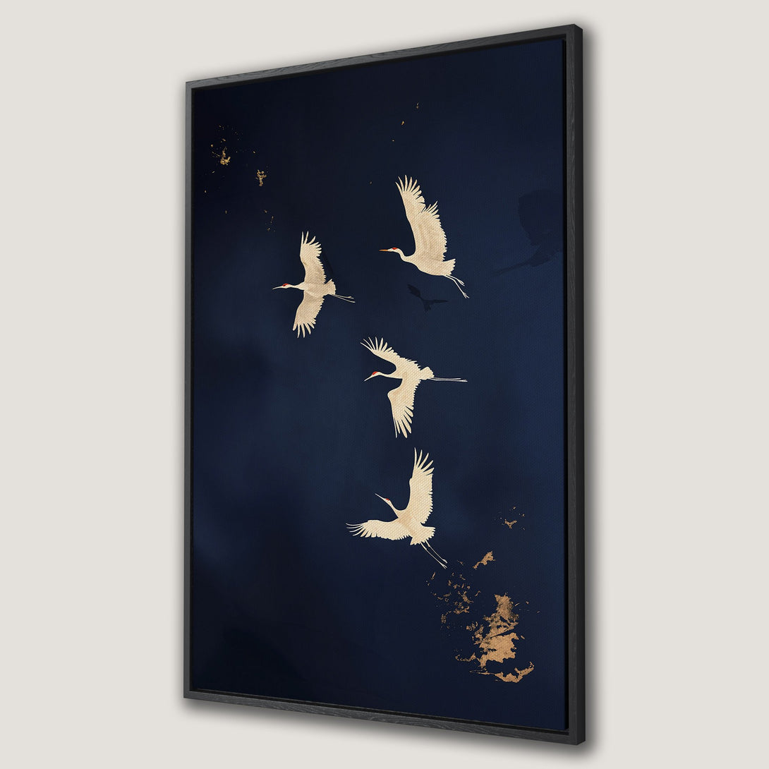 Framed Wall Art: Elegant crane art print in a minimalist style with a deep blue and gold color palette. Perfect for adding a touch of zen to your space.