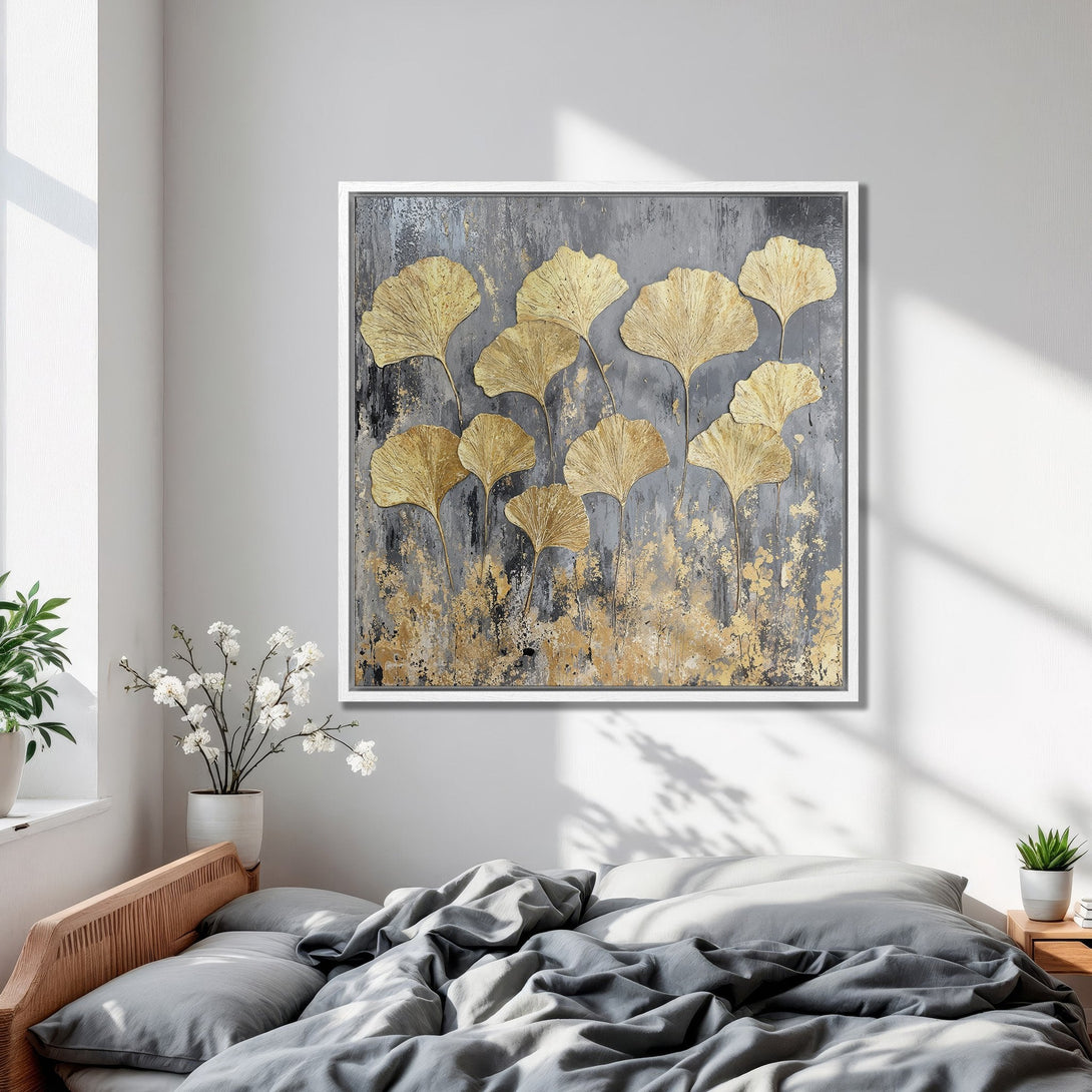 Framed Wall Art: Gold ginkgo leaf abstract art print. Modern, elegant decor with grey and gold color palette, perfect for bedroom or living room.