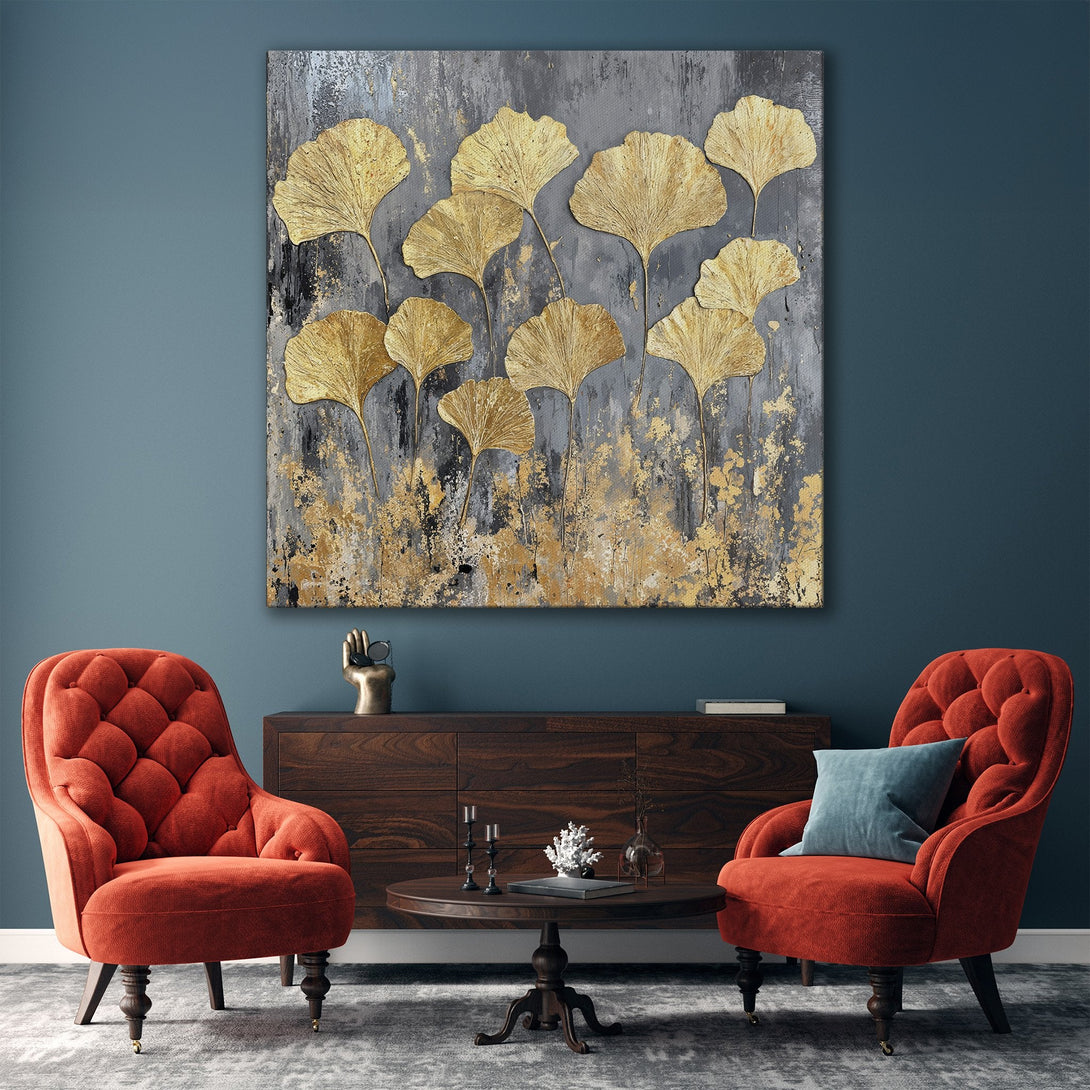 Framed Wall Art: Abstract gold leaf design on a gray canvas. Modern art piece with a luxurious gold and neutral color palette, perfect for home decor.