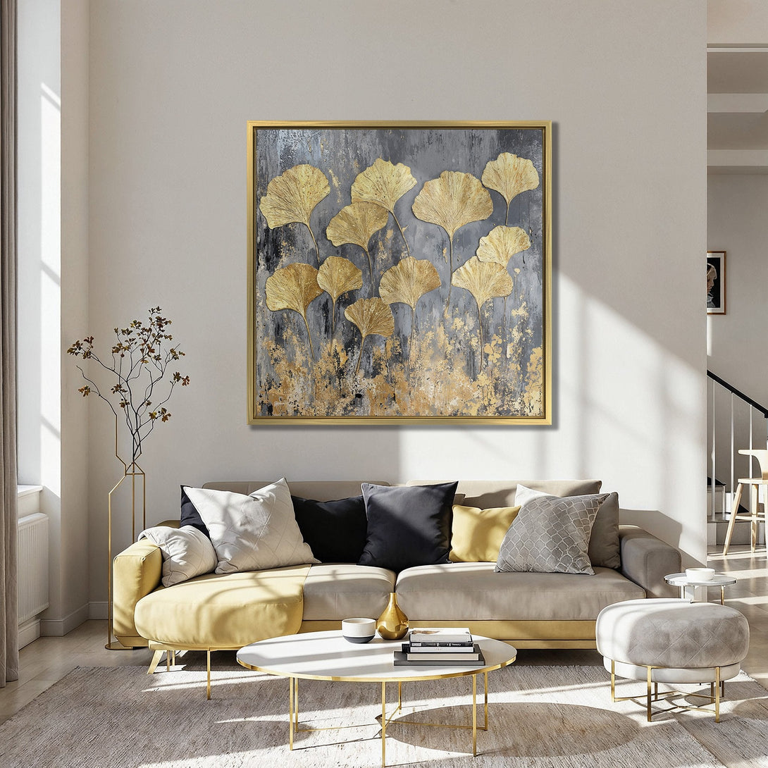 Abstract gold leaf Canvas Print on a grey background. Modern wall art with a teal and gold color palette, perfect for living room decor.