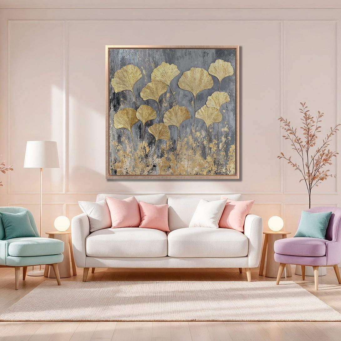 Framed Wall Art featuring gold ginkgo leaves on a textured gray background. Modern abstract style with a warm, neutral color palette, perfect for any living room.