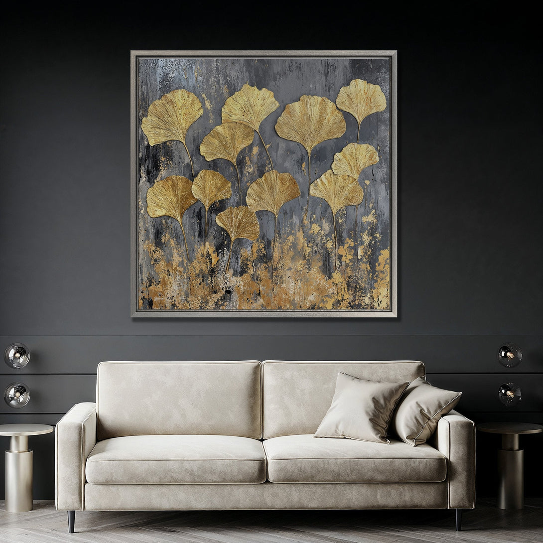 Framed Wall Art featuring gold ginkgo leaves on a dark gray background. Modern abstract style, perfect for adding a touch of elegance to any interior.