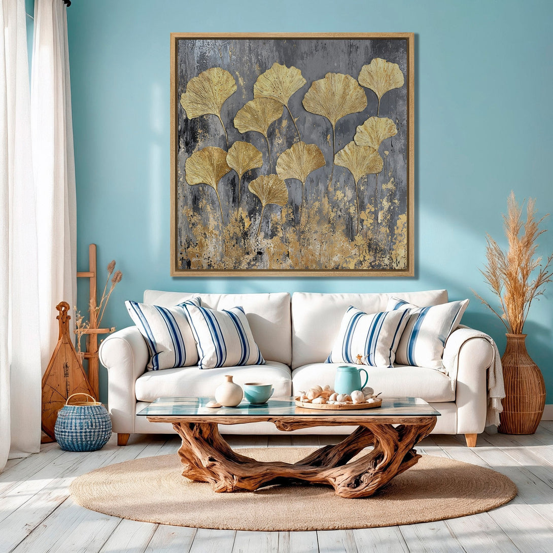 Framed Wall Art featuring gold leaf artwork. Modern abstract style with a neutral, gold, and gray color palette. Perfect for adding elegance to your space.