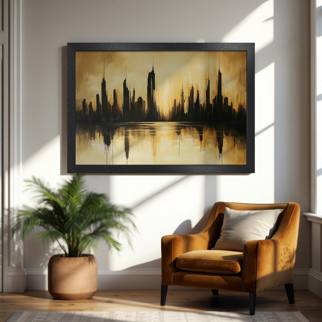 Framed Poster of a golden cityscape painting. Abstract art in warm gold and black tones. Perfect wall decor for any room.