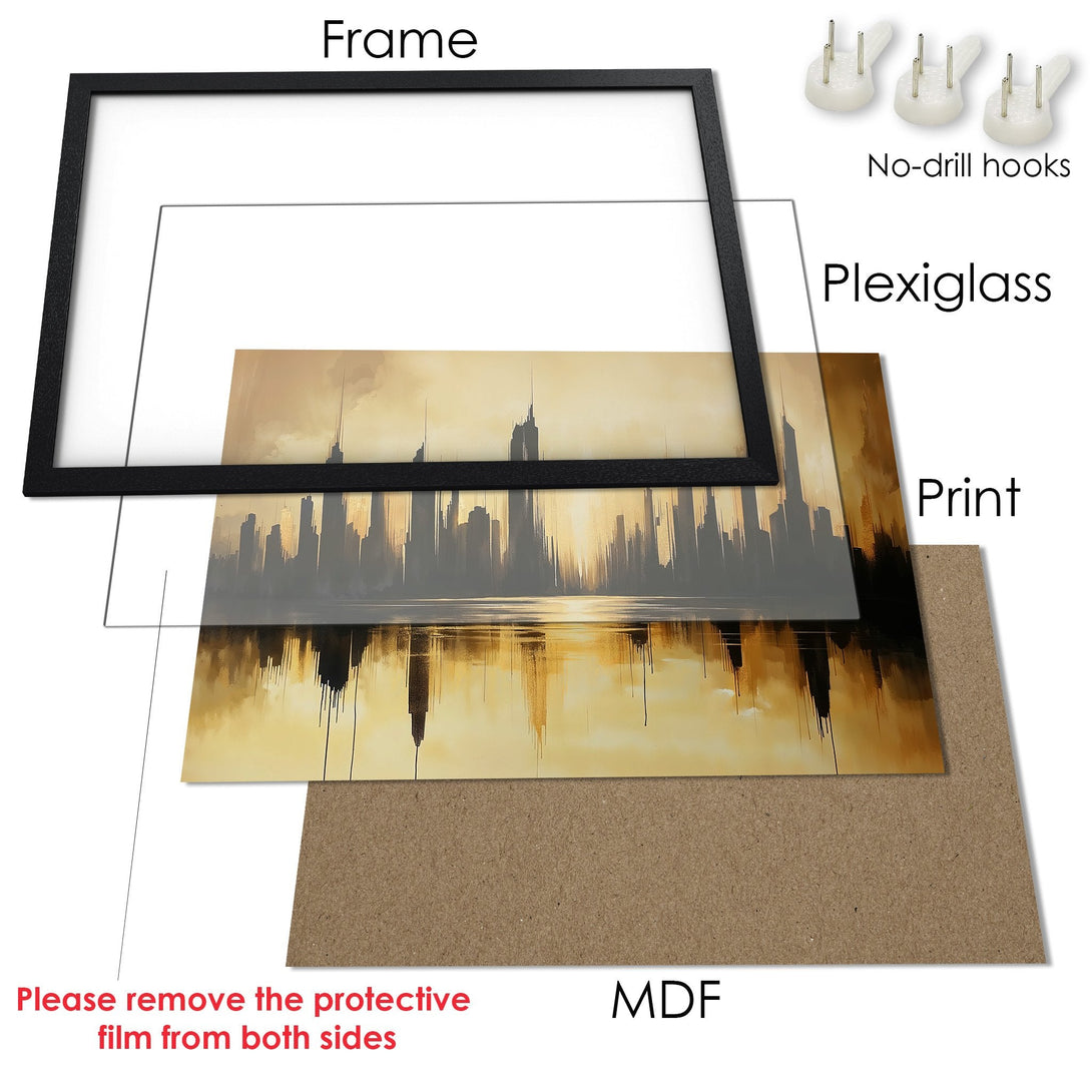 Framed Poster of a cityscape in a warm, golden color palette. Modern art print ready to hang.