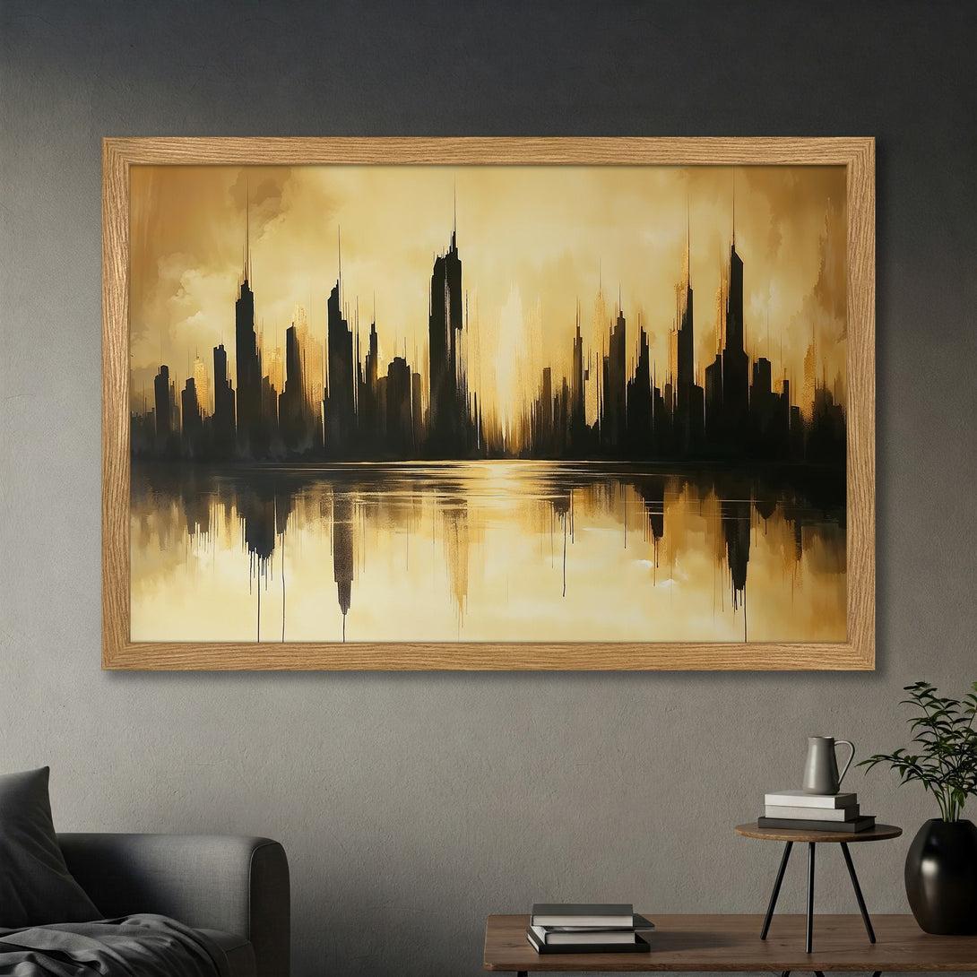 Framed Poster of a city skyline in a golden color palette. Modern art print for home decor.