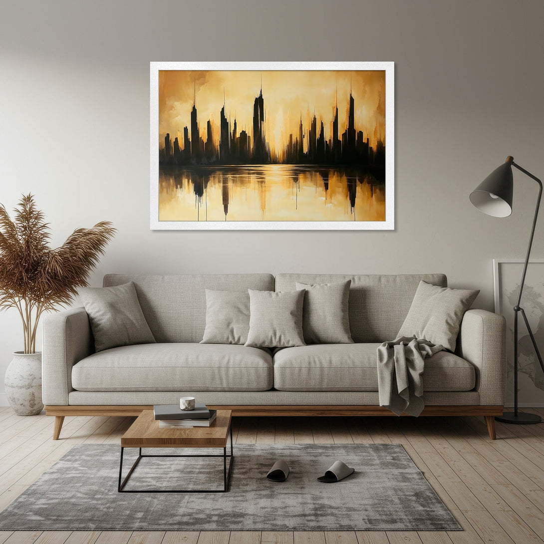 Framed Poster of a cityscape in a warm, golden color palette, perfect for modern home decor.