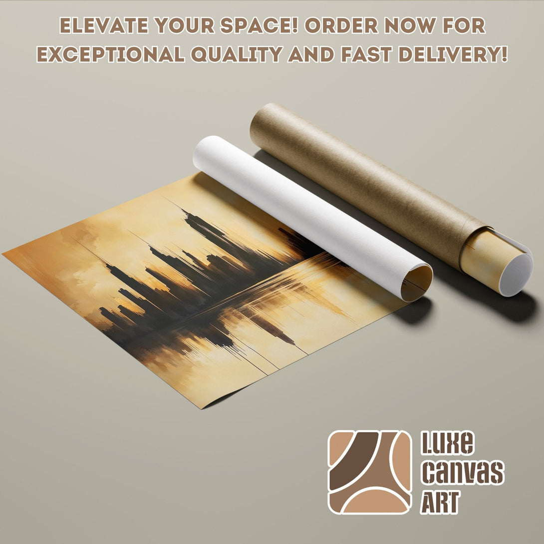 Abstract skyline poster roll in warm tones. Elevate your space with Luxe Canvas Art!