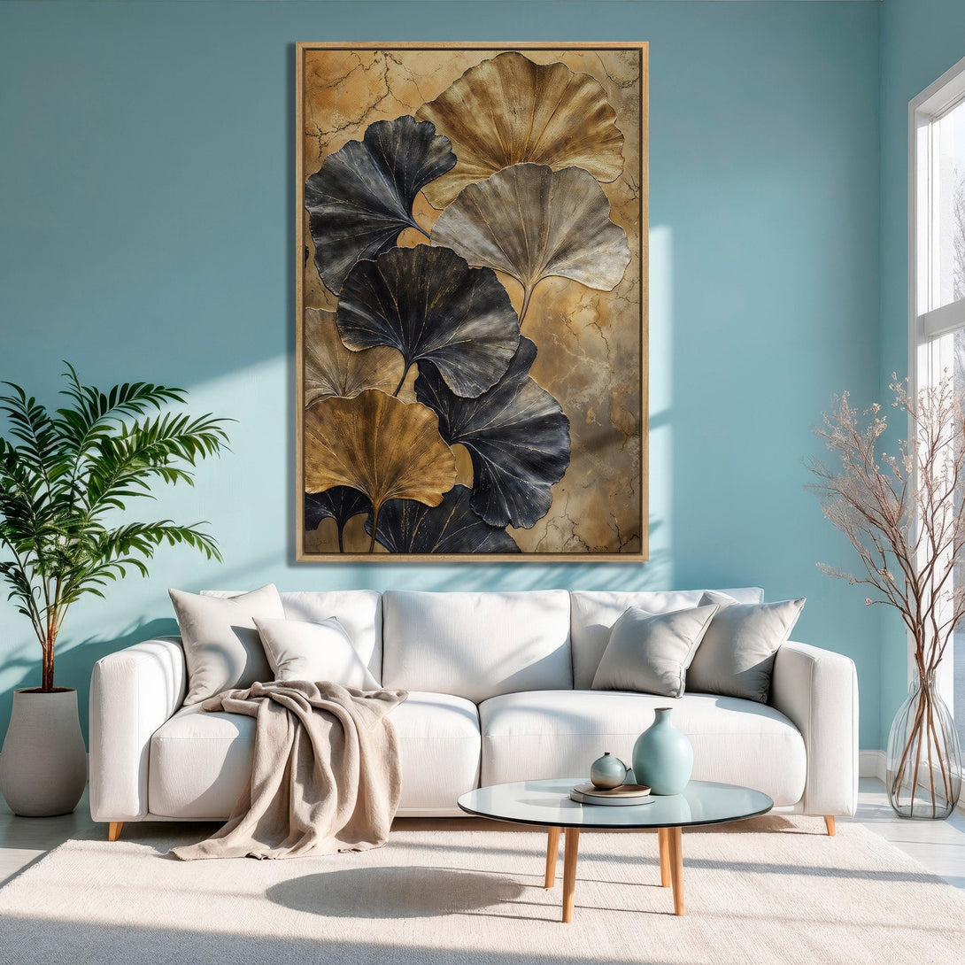 Framed Wall Art: Abstract ginkgo leaf design in gold, black, and bronze tones. Modern art print for living room decor.