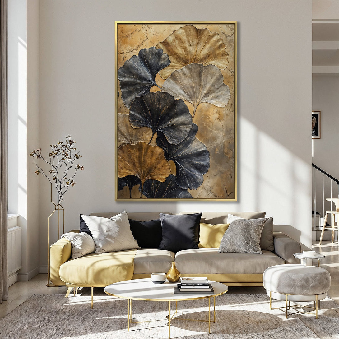 Canvas Print featuring abstract gold and black leaf art, perfect for modern home decor. Warm, earthy tones.