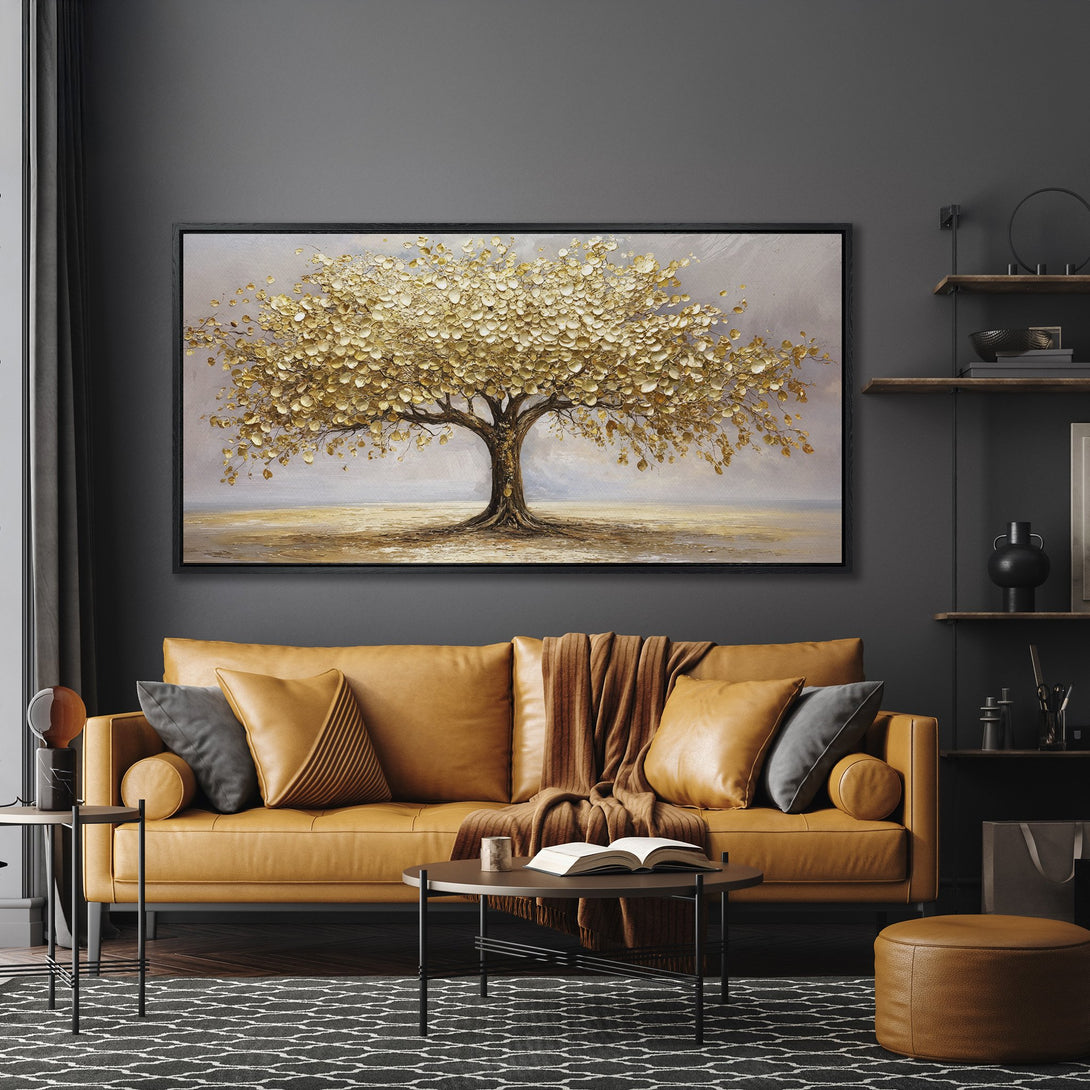 Framed Wall Art: Stunning gold leaf tree painting in a modern living room. Warm, neutral color palette adds elegance. Perfect for home decor.