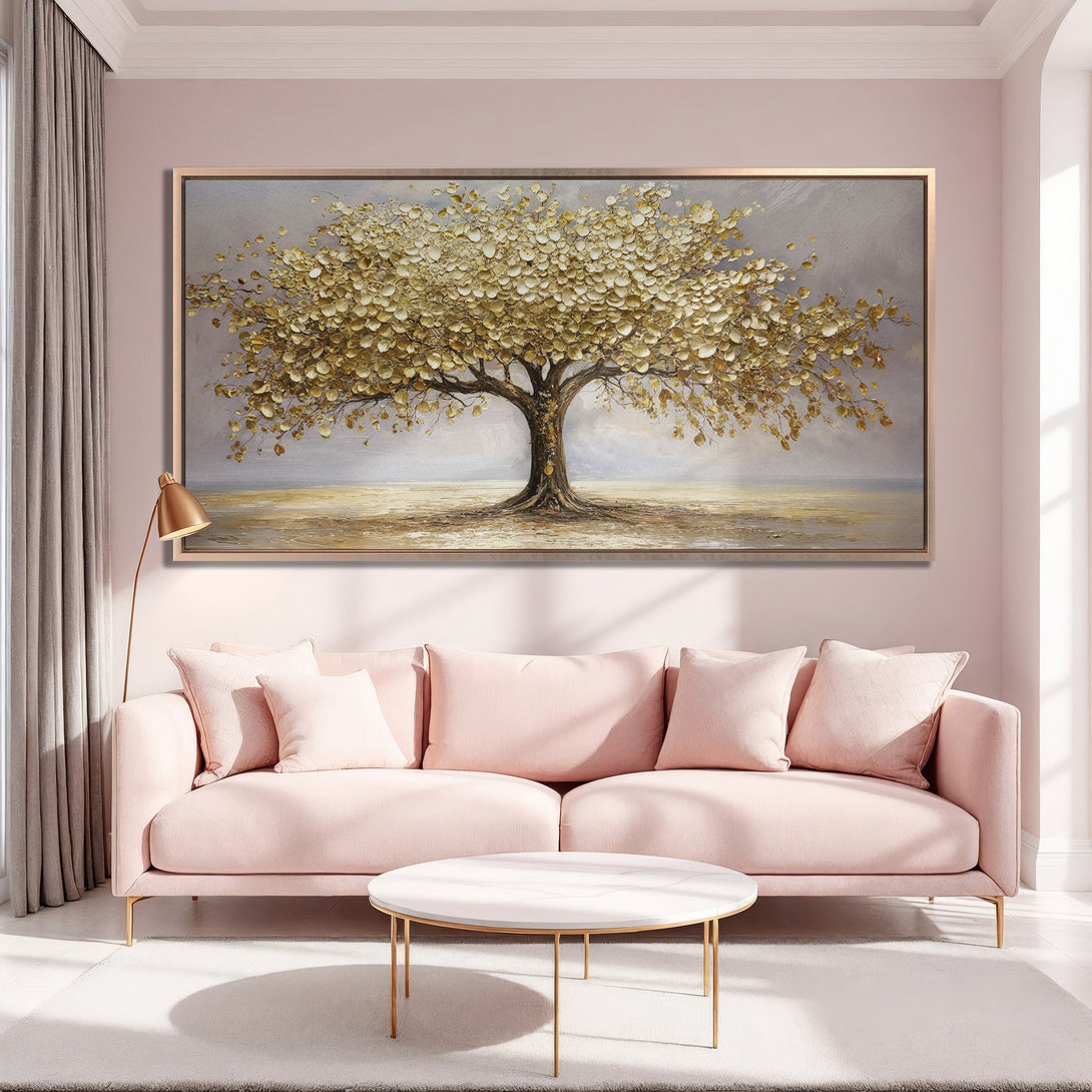 Framed Wall Art: Gold leaf tree painting in a modern interior. Soft pink and gold color palette, adding elegance to any space.