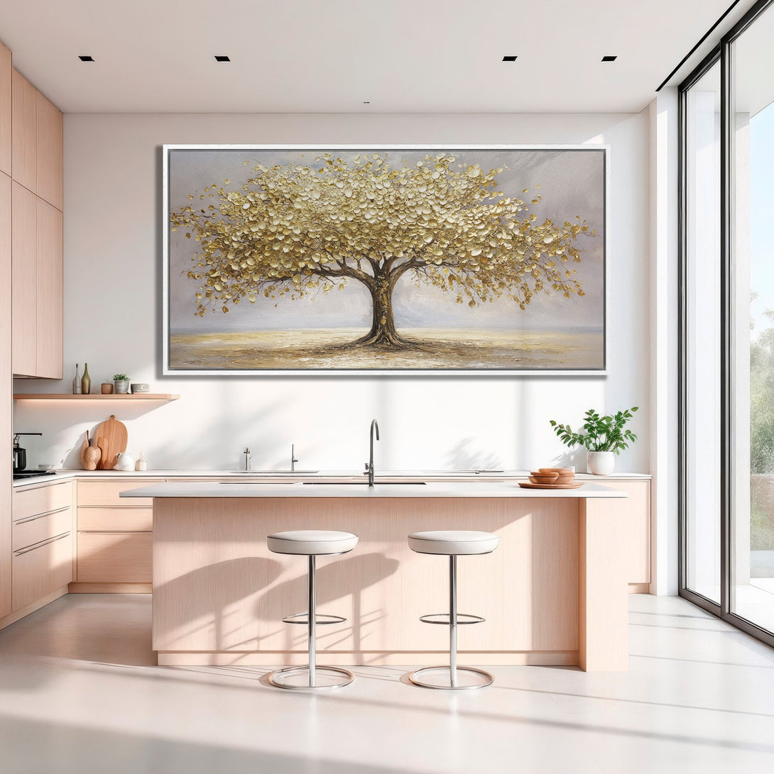 Framed Wall Art: Golden tree painting in neutral tones. Enhance your space with this stunning abstract art piece. Modern decor for any room.