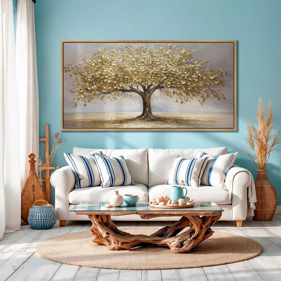 Framed Wall Art: Textured gold tree painting with neutral and blue tones. Perfect for adding elegance to any room. Shop now!