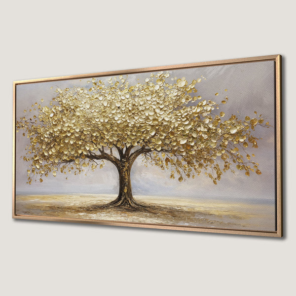 Framed Wall Art: Golden tree painting in a textured, impressionistic style. Neutral color palette with gold, brown, and gray tones. Perfect for modern decor.