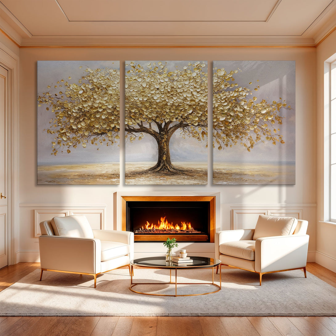 Golden tree Canvas Print in a luxurious interior. Modern abstract art with a warm, neutral color palette. Perfect for living room decor.